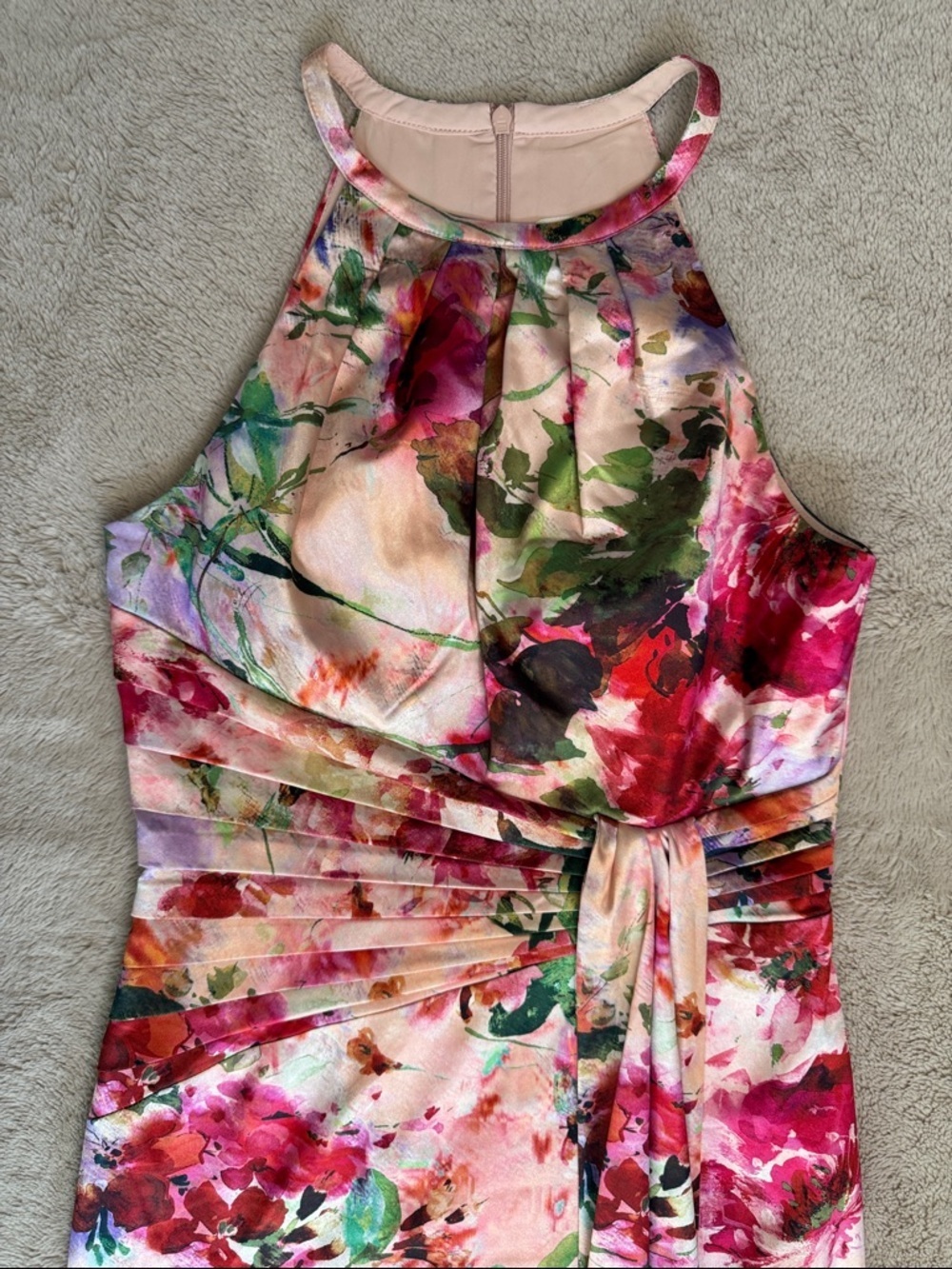 Eliza J Floral Halter Satin-feel Dress in Pink, Green and Red Sz 6 Ruched Sash - Picture 4 of 11